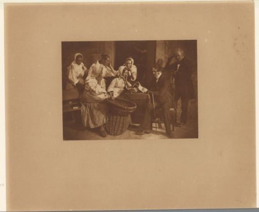 Group portrait in Newhaven, Edinburgh; Carnie Noble, an unknown woman, Bessy Crombie, Mary Combe, Margaret (Dryburgh) Lyall, Rev. James Fairbairn and James Gall
