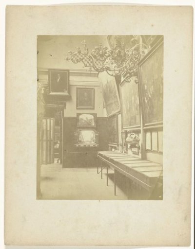 View in Hall E of the Historical Exhibition Amsterdam 1876, with the hanging sign with attributes of the blacksmiths' guild