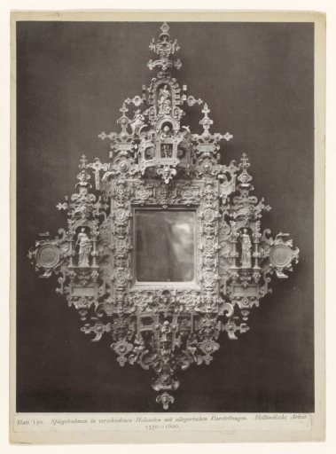 Mirror with ornate frame with allegorical figures on it
