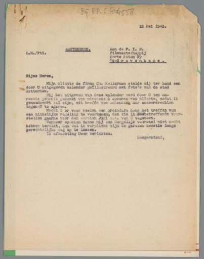 Correspondence between L.J. Hartkamp and F.I.M. Film Company regarding copyright of photographs used in a calendar