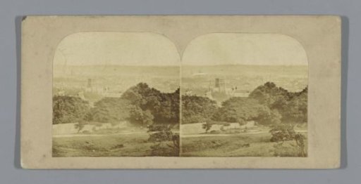 View of a city in bird's-eye view, presumably in England
