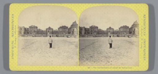 View of the Palace of Versailles, with a man seen from the back in the foreground