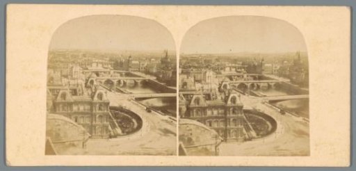 View of the Seine, various bridges and presumably the Quai de l'Hôtel-de-Ville in Paris