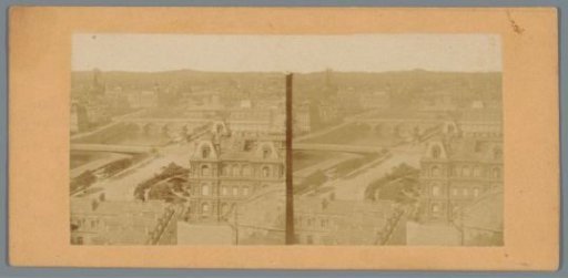 View of the Seine, various bridges and presumably the Quai de l'Hôtel-de-Ville in Paris
