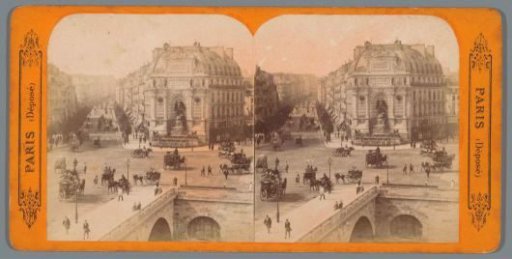 View of the Boulevard Saint-Michel, the Pont Saint-Michel and the Fontaine Saint-Michel in Paris