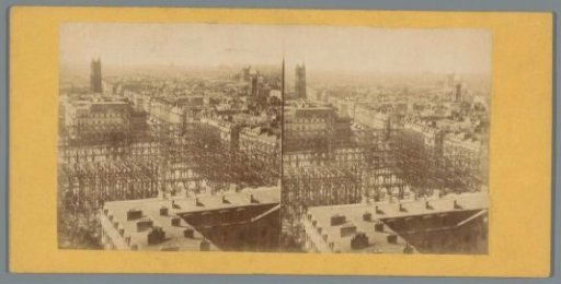View of Paris with the Tour Saint-Jacques in the distance and possibly the scaffolding for the Hôtel de Ville in the foreground