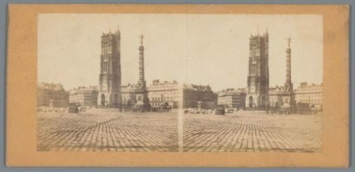 View of the Tour Saint-Jacques and the column of the Fontaine du Palmier in Paris