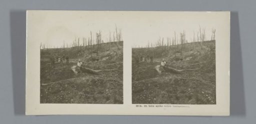 French soldiers in a forest destroyed by bombs