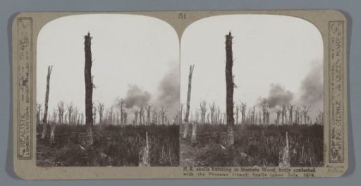 H.E. shells bursting in Mametz Wood, hotly contested with the Prussian Guard, finally taken July, 1916