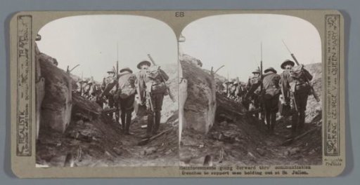 Reinforcements going forward thro' communication trenches to support men holding out at St. Julien