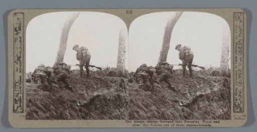 Our troops charge forward into Bernafay Wood and clear the Bosche out of their entranchments