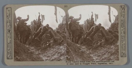 North Country troops bomb Hun machine-gunners out of their lairs in Polygon Wood, September, 1917