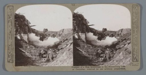 Capture of a Hun blockhouse in the Hindenburg Line at Croiselles, wrecked by our artillery preparation