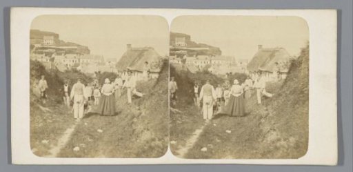 Group of people on a country road in a village (possibly) in France
