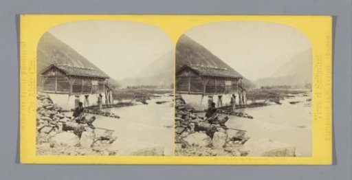 View of the valley of Chamonix, with a wooden building in the foreground