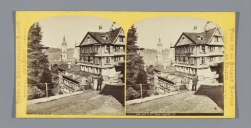View of a house and the tower of the Cathedral in St. Gallen