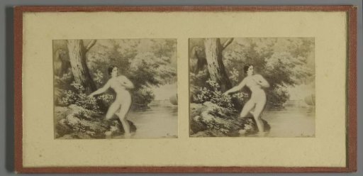 Photographic reproduction of a print of a naked woman on the bank in the forest
