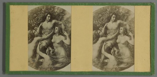 Photographic reproduction of a print of a half-naked man surrounded by three nymphs, on the bank