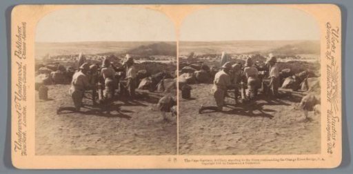View of four soldiers with a bridge over the Orange River in the background, South Africa