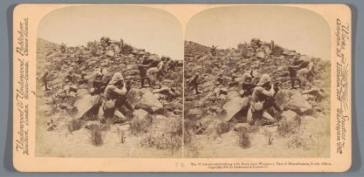 View of a fight between British soldiers and Boers on a hill at Wepener, South Africa