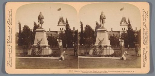 View of the statue of President Brand with the residence of the British Governor in Bloemfontein, South Africa, in the background