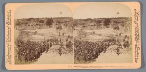 View of the Sand River in South Africa with the army of Lord Roberts (Frederick Sleigh Roberts) in the foreground and a balloon on the right in the background