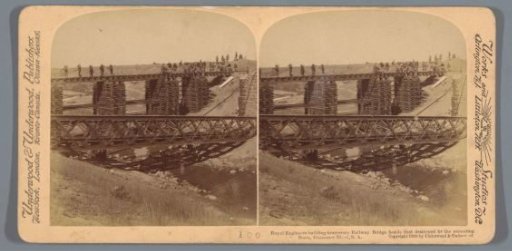 View of the construction of a temporary bridge over the Renoster River in South Africa
