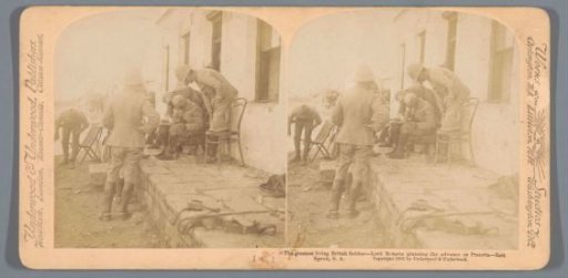 Lord Roberts (Frederick Sleigh Roberts) plans the advance on Pretoria in front of a building near Rietspruit, South Africa