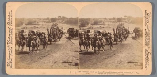Lord Roberts (Frederick Sleigh Roberts) (3rd from left) and British soldiers on horseback entering Kroonstad