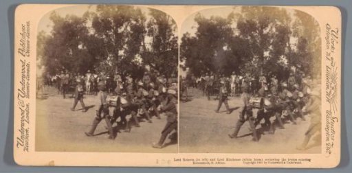 Lord Roberts (Frederick Sleigh Roberts) and Lord Kitchener (Horatio Herbert Kitchener) inspect the troops entering Kroonstad