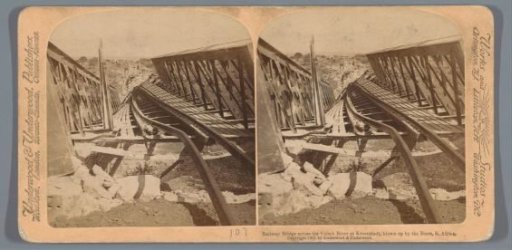 View of a blown-up bridge over the Vals River near Kroonstad, South Africa