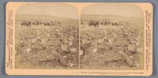 View of resting soldiers in a field during the great march through Transvaal under the command of Lord Roberts (Frederick Sleigh Roberts)