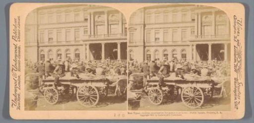 View of the Church Square in Pretoria with Boers with wagons in the foreground