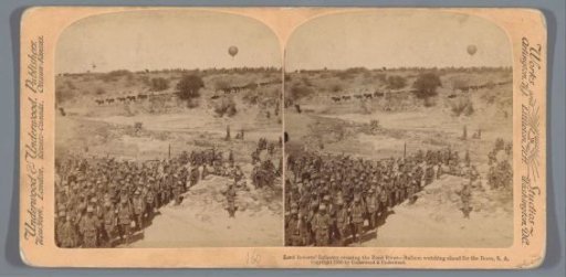 Staged scene of the infantry of Frederick Sleigh Roberts in South Africa with a hot air balloon in the background watching for danger