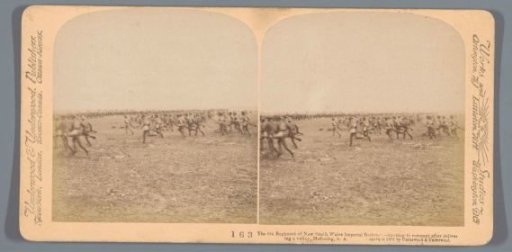 Staged scene of soldiers of the New South Wales Imperial Bushmen running near Mafeking