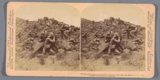 Staged representation of a fight between the British army and South African Boers at Colesberg on 12 February 1900