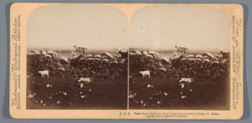View of a wall with sandbags and goats, from where fighting took place during the Second Boer War