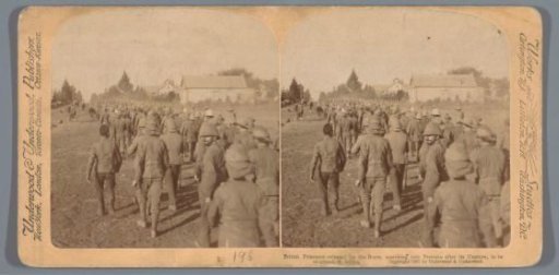 Staged scene of British soldiers captured during the Second Boer War and released at Pretoria