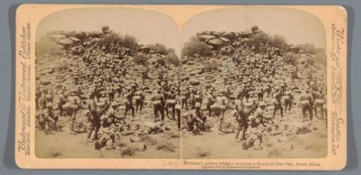 Staged scene of soldiers storming a hill in South Africa