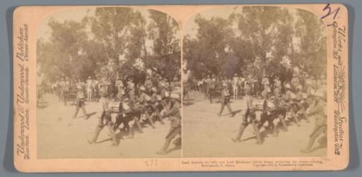 Staged scene of Frederick Sleigh Roberts and Herbert Kitchener watching the entry of soldiers into Kroonstad