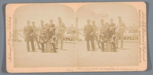 Portrait of Edward Chichester and five unknown men on a quay in Cape Town