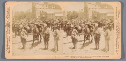 Staged scene of British soldiers of the 10th Royal Hussars gathered in Cape Town before departing for the front