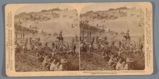 Staged scene of British soldiers crossing the Vet River in South Africa with cannons