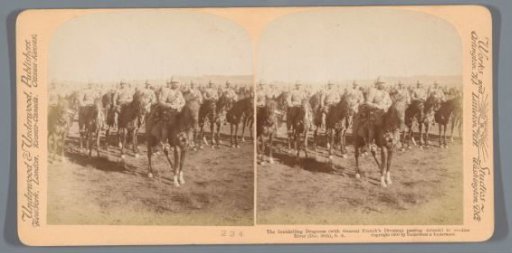 Staged scene of the Inniskilling Dragoons, a cavalry regiment in the British army, on the way to Modder River in South Africa