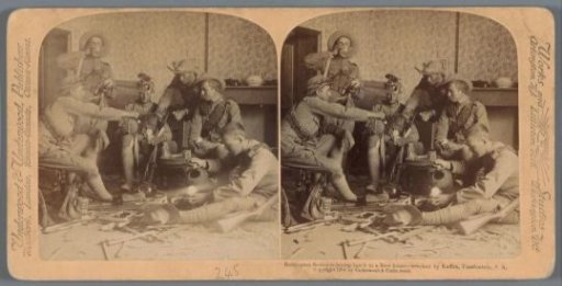 Staged scene of six men eating and drinking in a destroyed house in South Africa