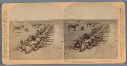 Staged scene of the Royal Munster Fusiliers in a trench in South Africa