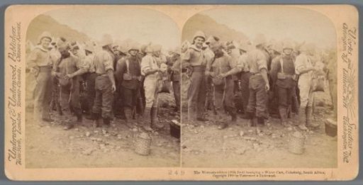 Staged scene of British soldiers besieging a water wagon in South Africa