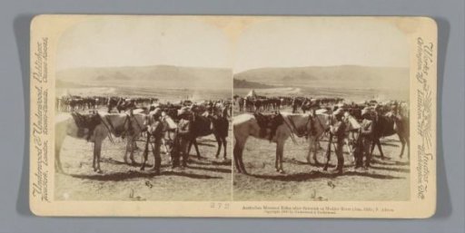 Australian soldiers on horseback after a fight at the Modder River, South Africa
