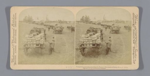 Wagons with British army supplies at the Modder River, South Africa