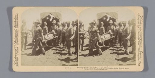 Wounded British soldier being taken to a field hospital, near the Modder River